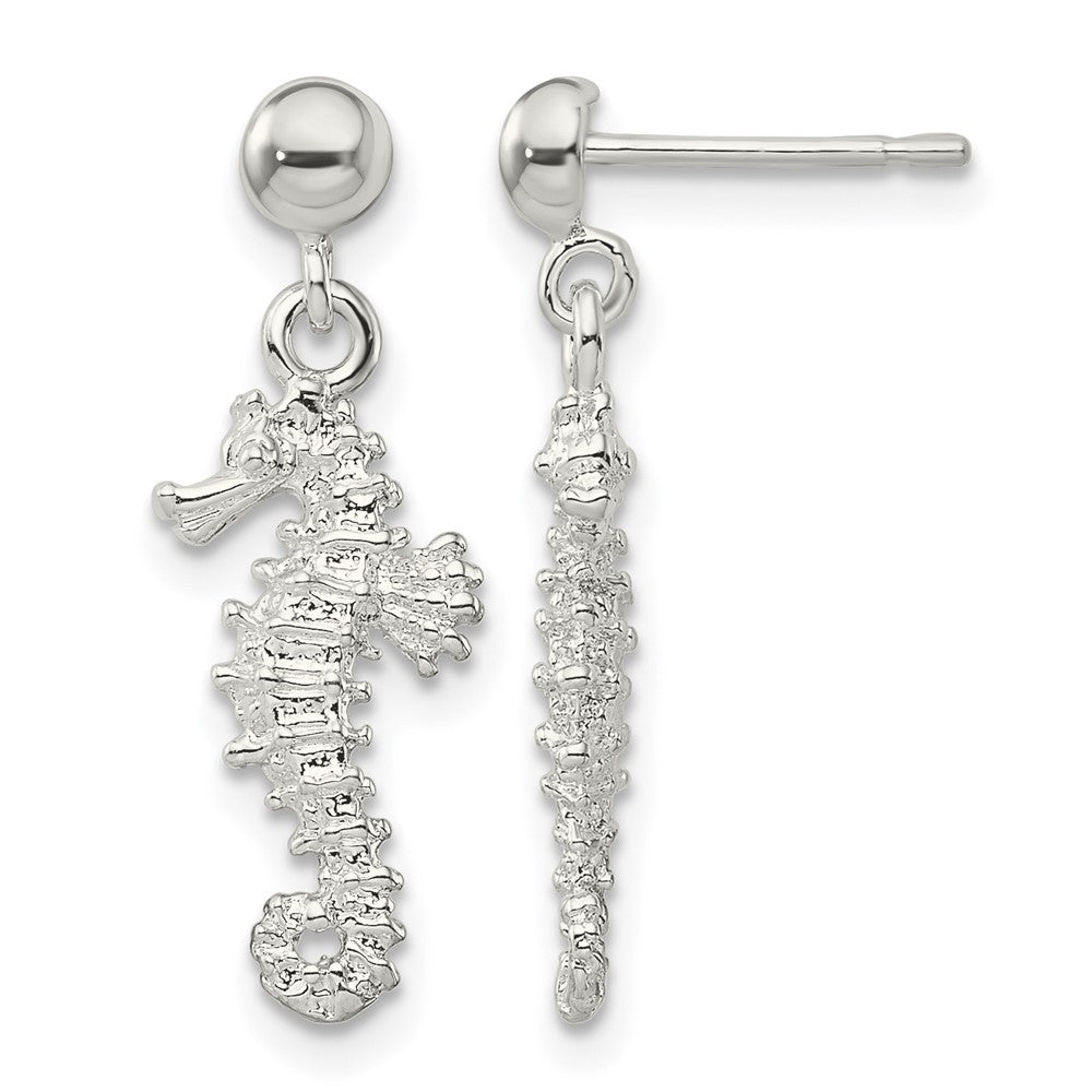 Sterling Silver Rhodium-plated Polished 3D Seahorse Dangle Post Earrings