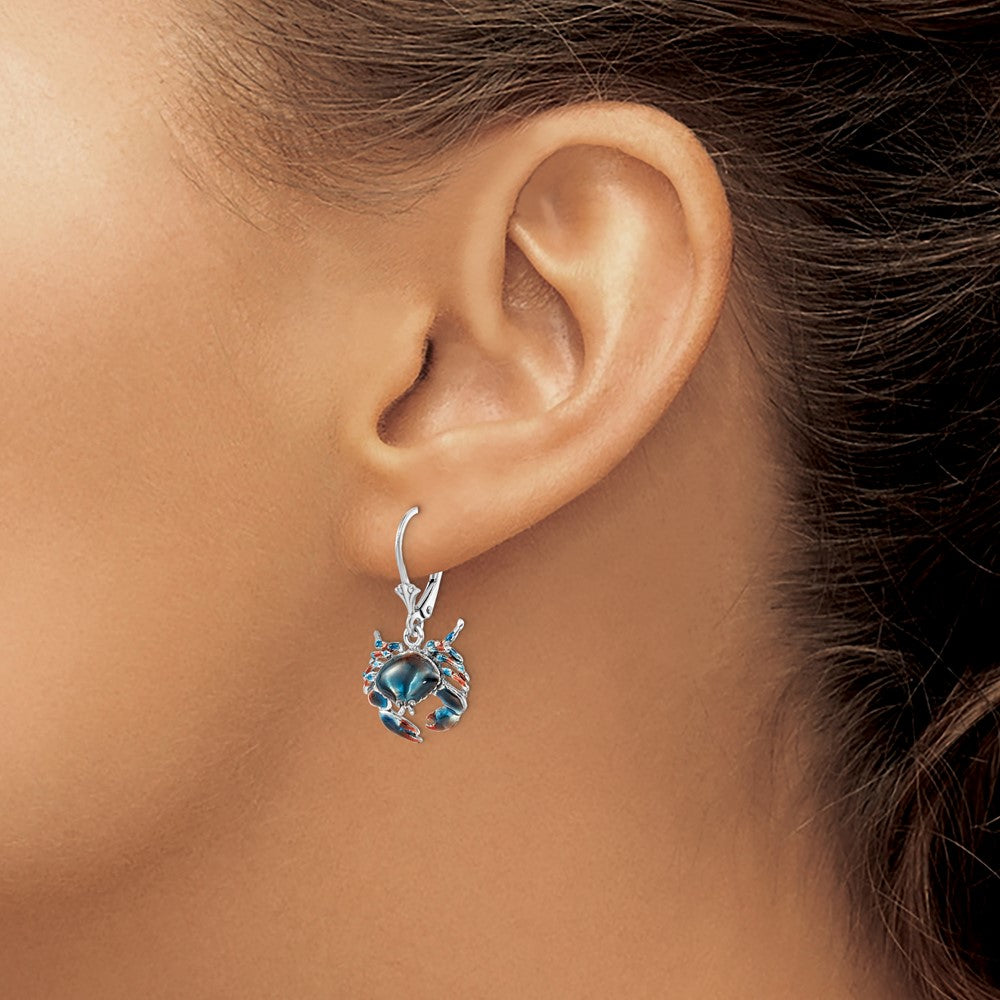 Sterling Silver Rhodium-plated Enameled Stone Crab Leverback Earrings