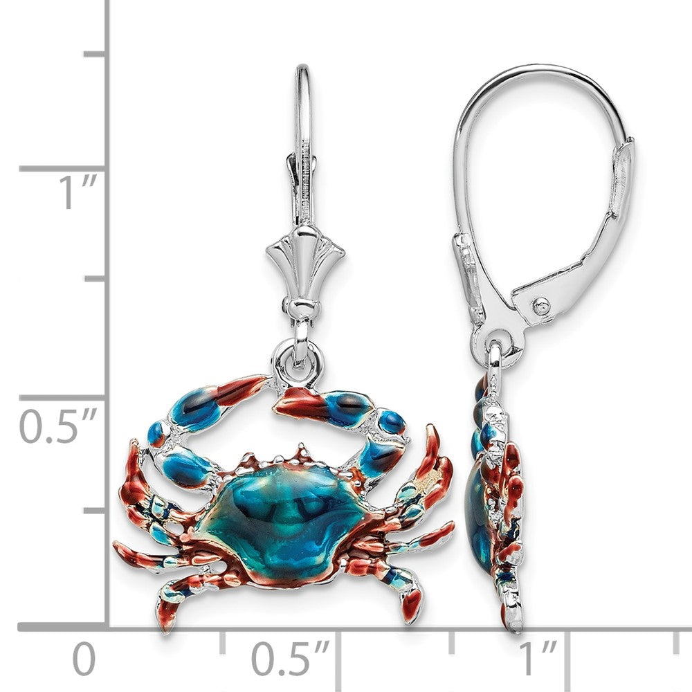 Sterling Silver Rhodium-plated Enameled Blue Crab Leverback Earrings