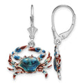 Sterling Silver Rhodium-plated Enameled Blue Crab Leverback Earrings
