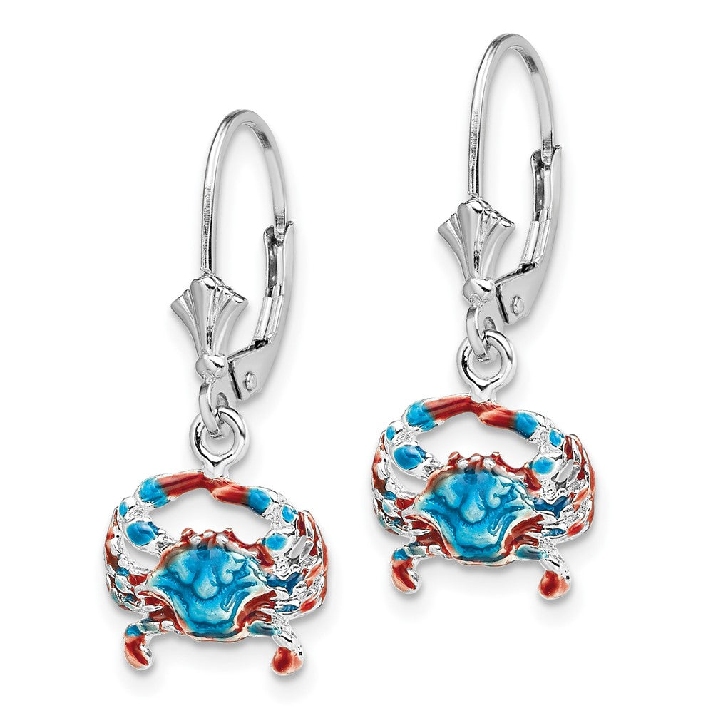 Sterling Silver Rhodium-plated Enameled Blue Crab Leverback Earrings
