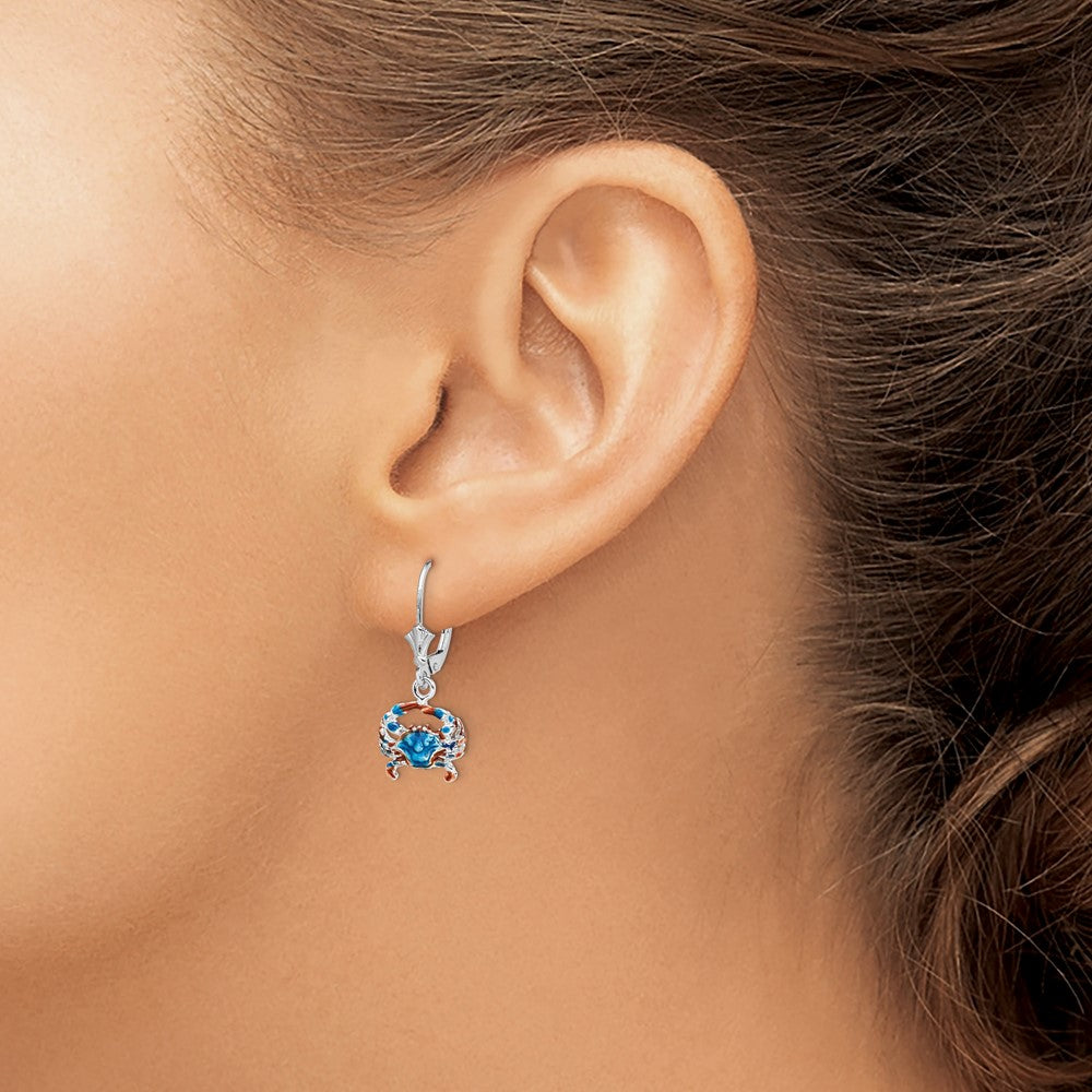 Sterling Silver Rhodium-plated Enameled Blue Crab Leverback Earrings