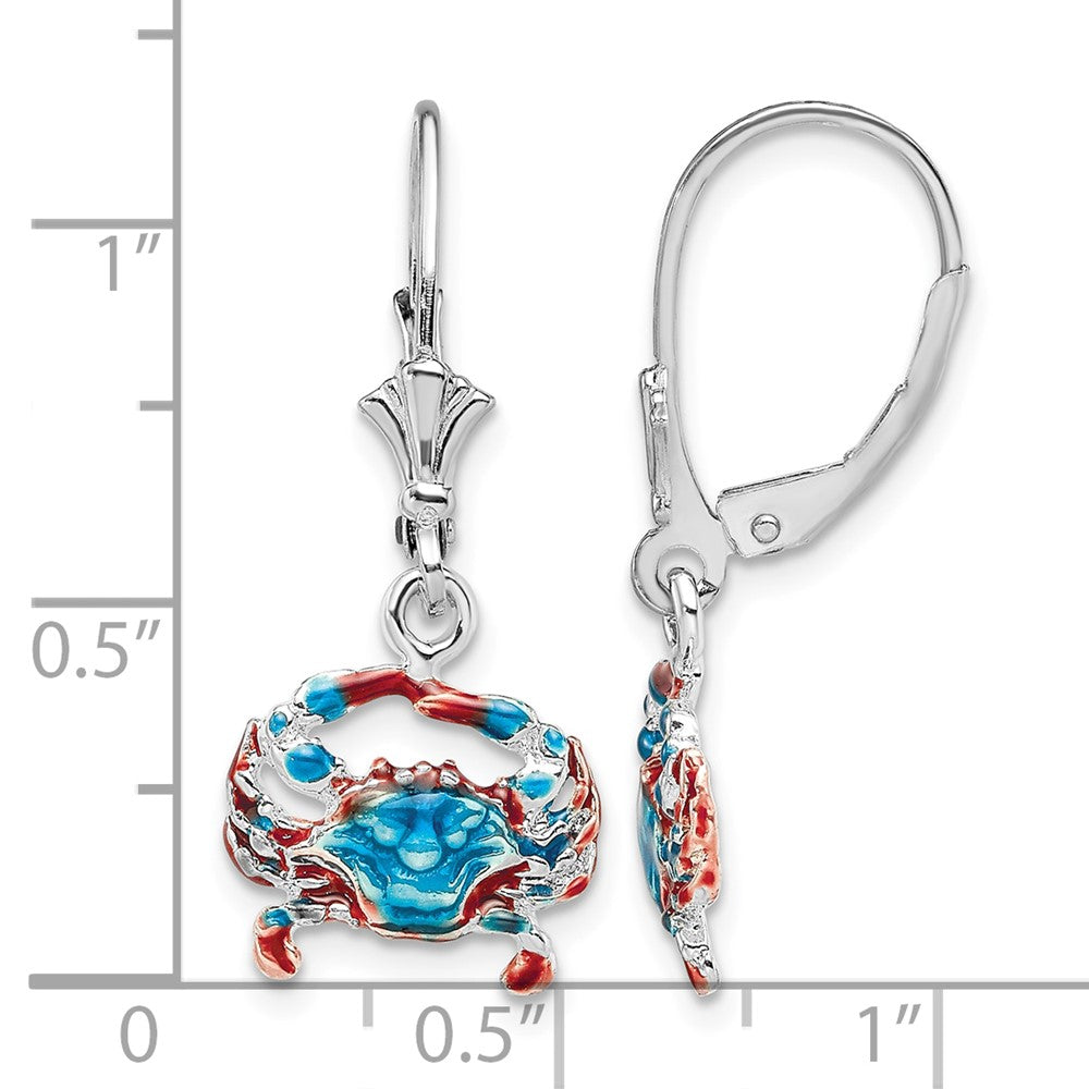 Sterling Silver Rhodium-plated Enameled Blue Crab Leverback Earrings