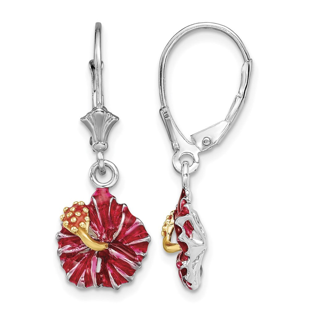 Sterling Silver Rhodium-plated Enamel Red Hibiscus Leverback Earrings