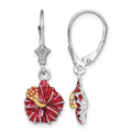 Sterling Silver Rhodium-plated Enamel Red Hibiscus Leverback Earrings