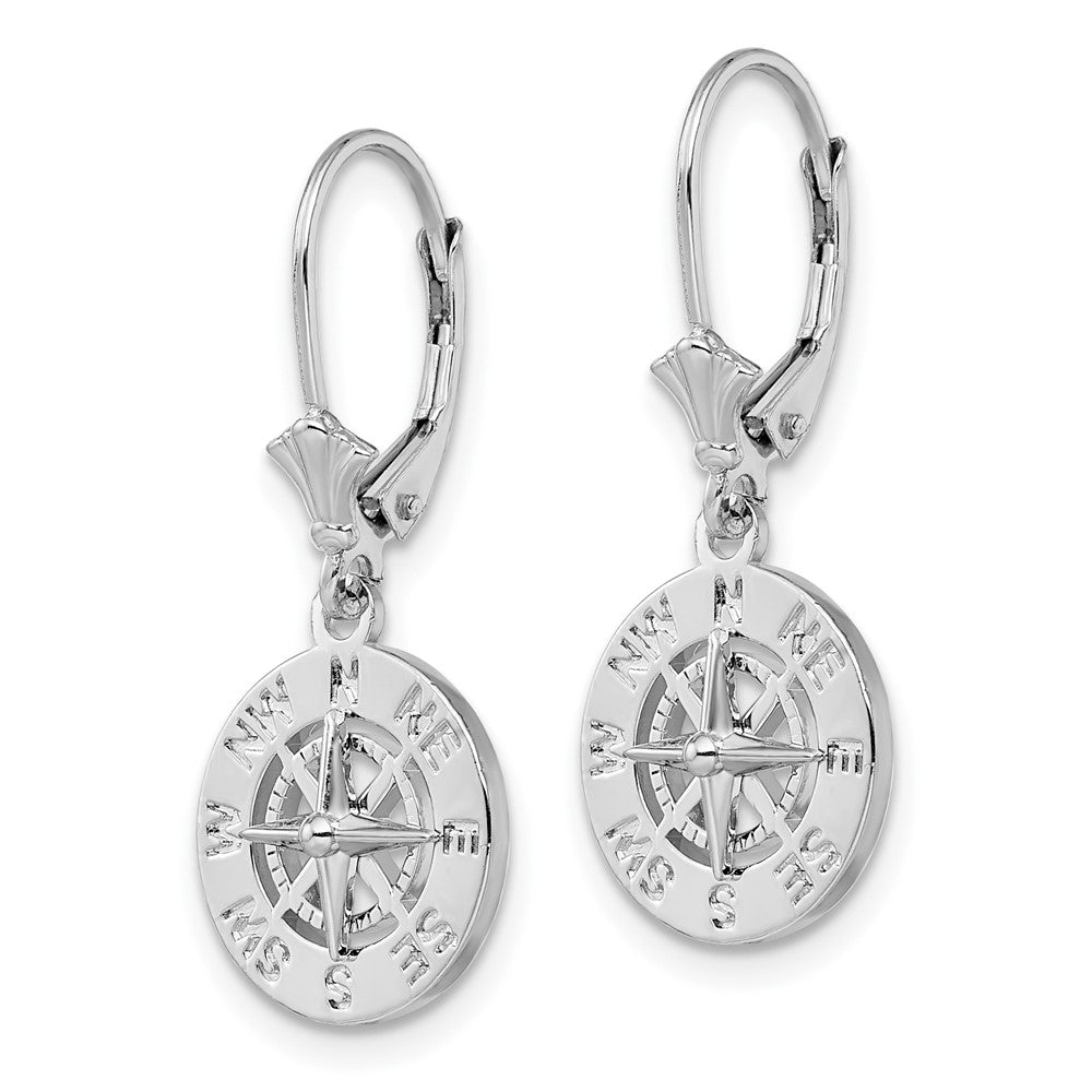 Sterling Silver Rhodium-plated Polished Mini Compass Leverback Earrings