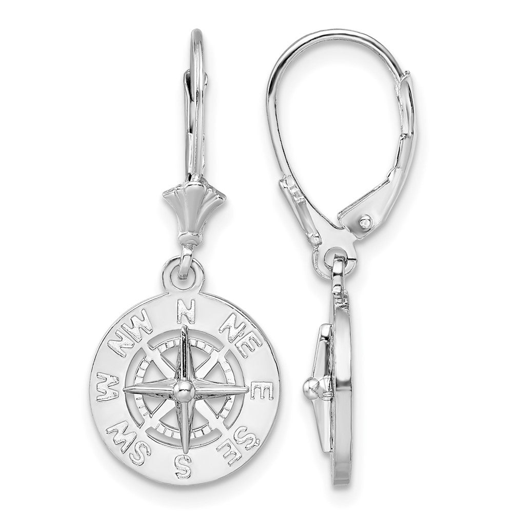 Sterling Silver Rhodium-plated Polished Mini Compass Leverback Earrings