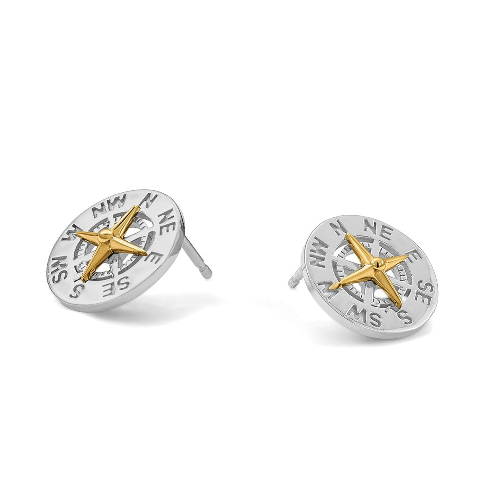 Sterling Silver Rhodium-plated Mini Compass w/14k Needle Post Earrings