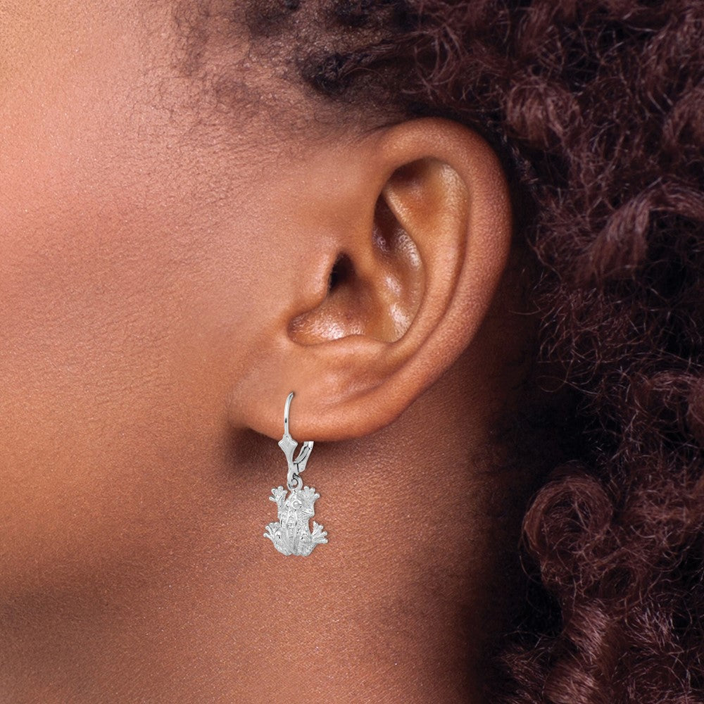 Sterling Silver Rhodium-plated Polished Frog Leverback Earrings
