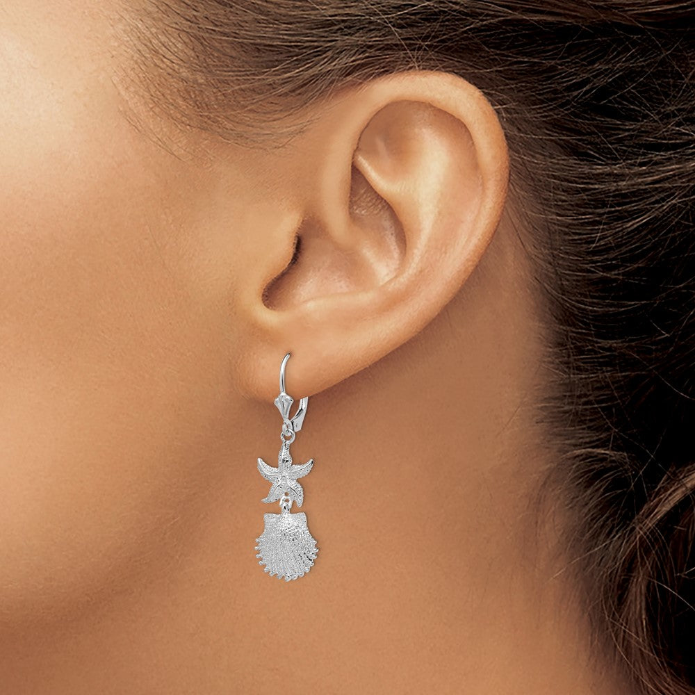 Sterling Silver Rhodium-plated Starfish and Shell Leverback Earrings