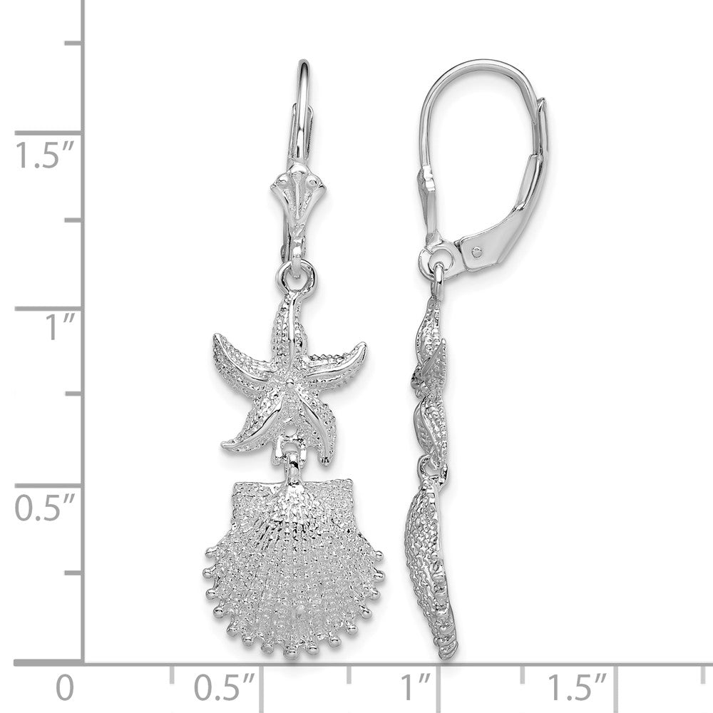 Sterling Silver Rhodium-plated Starfish and Shell Leverback Earrings