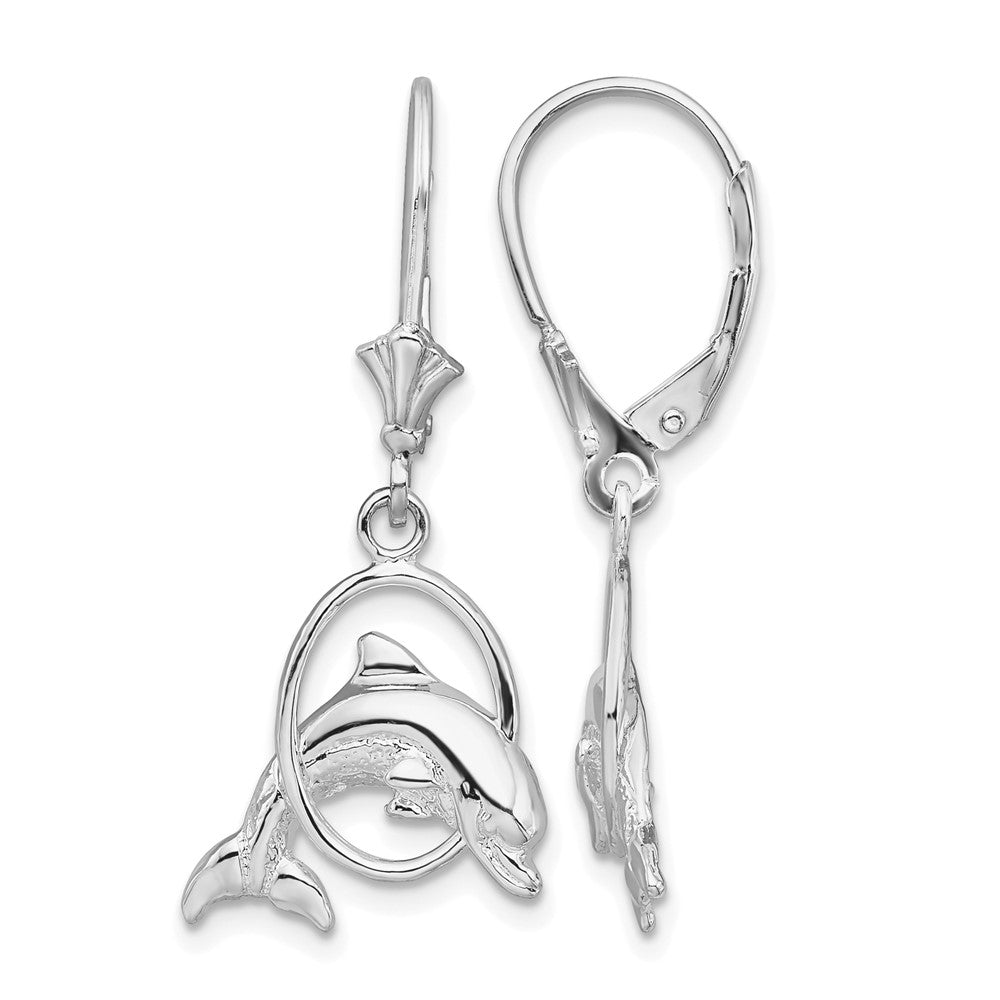 Sterling Silver Rhodium-plated Dolphin in Hoop Leverback Earrings