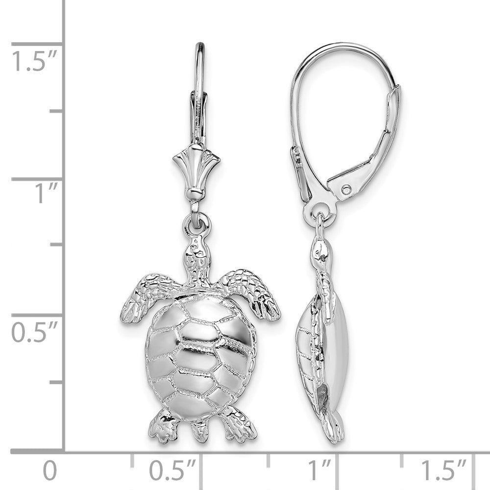 Sterling Silver Rh-plated 3D Moveable Turtle Leverback Earrings