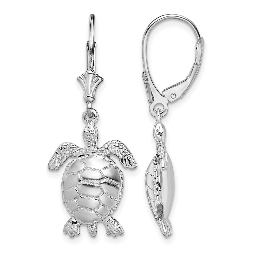 Sterling Silver Rh-plated 3D Moveable Turtle Leverback Earrings