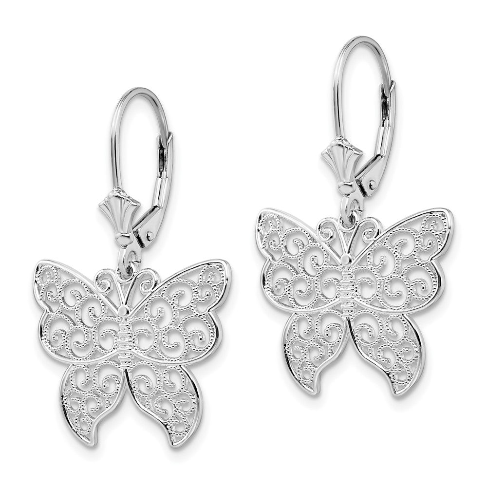 Sterling Silver Rhod-plated Polished Filigree Butterfly Leverback Earrings