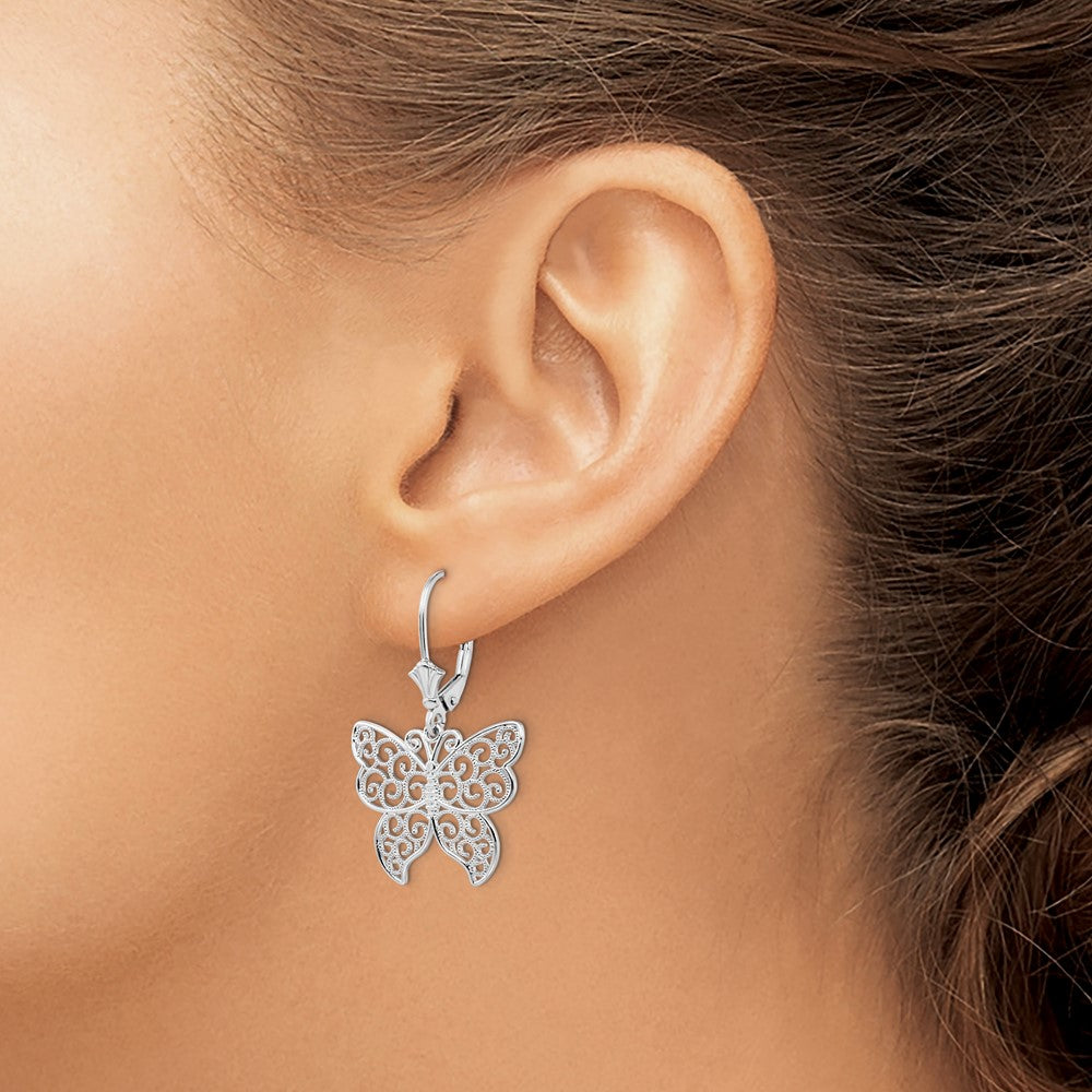 Sterling Silver Rhod-plated Polished Filigree Butterfly Leverback Earrings