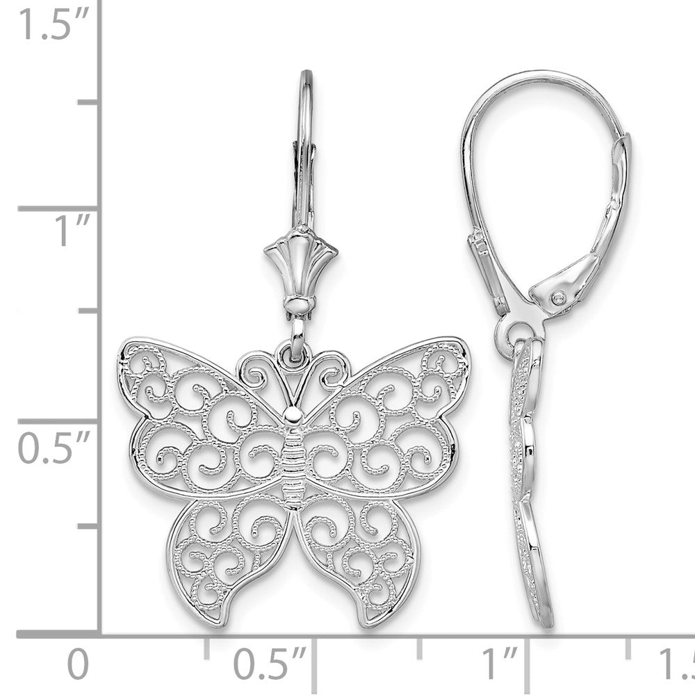 Sterling Silver Rhod-plated Polished Filigree Butterfly Leverback Earrings