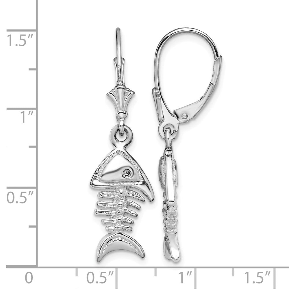 Sterling Silver Rhodium-plated Polished 3D Fishbone Leverback Earrings