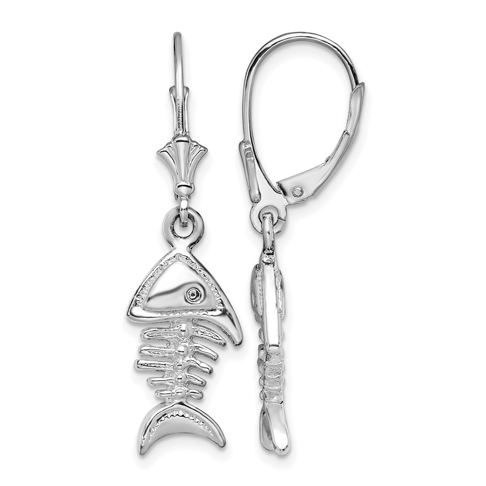 Sterling Silver Rhodium-plated Polished 3D Fishbone Leverback Earrings