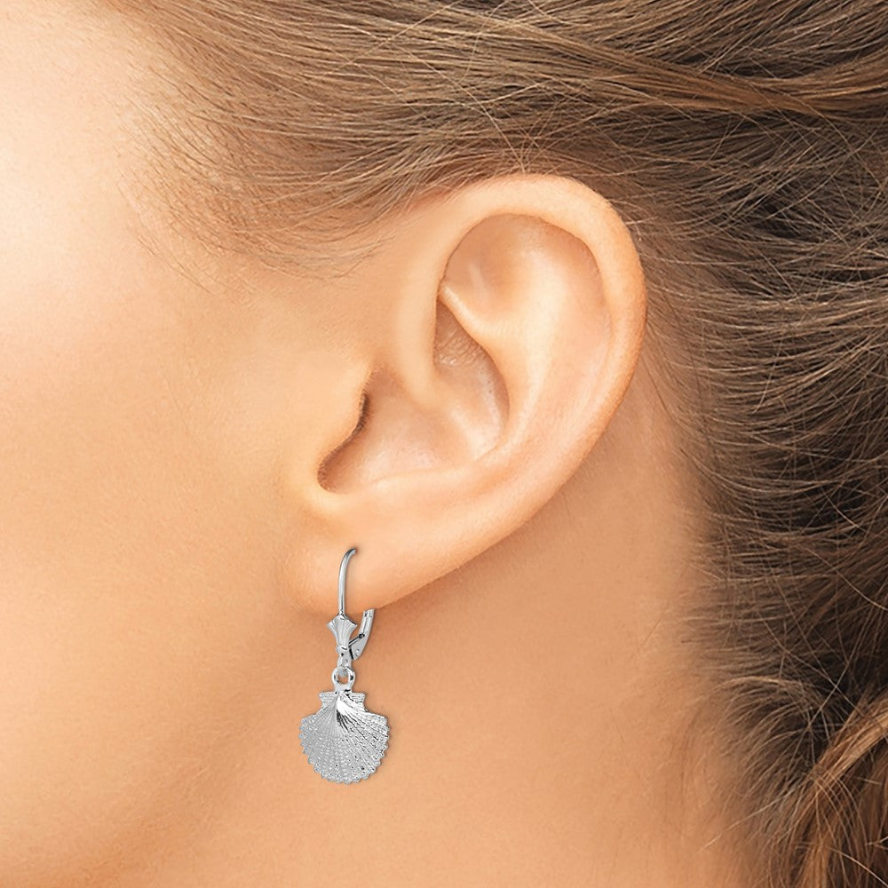 Sterling Silver Rhodium-plated Polished Scallop Shell Leverback Earrings