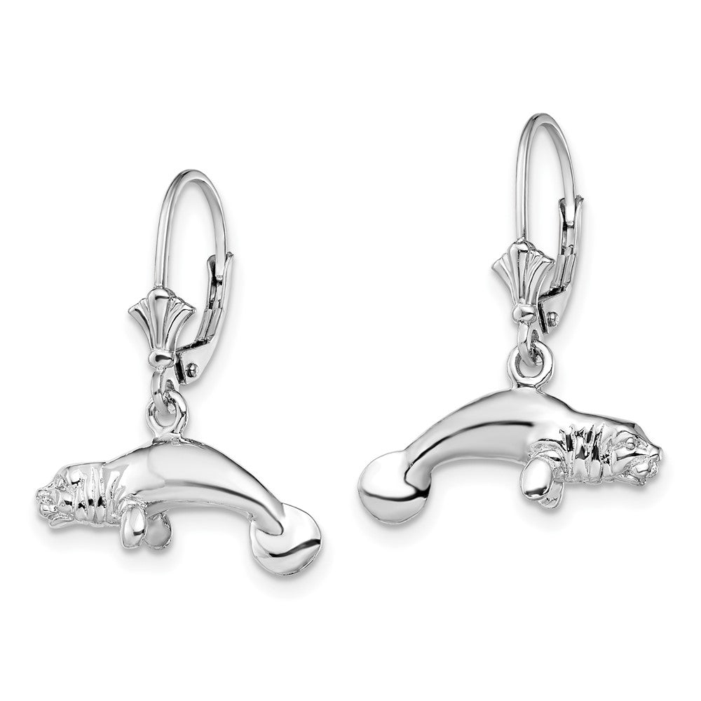 Sterling Silver Rhodium-plated Polished 3D Manatee Leverback Earrings