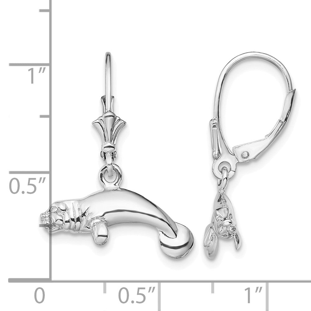 Sterling Silver Rhodium-plated Polished 3D Manatee Leverback Earrings