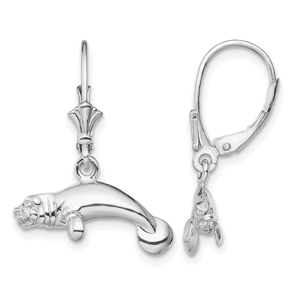 Sterling Silver Rhodium-plated Polished 3D Manatee Leverback Earrings