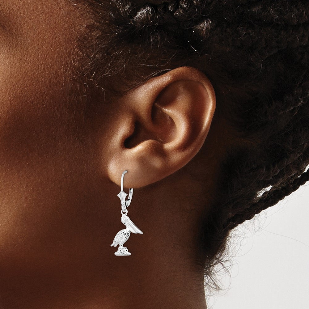 Sterling Silver Polished 3D Small Pelican Leverback Earrings