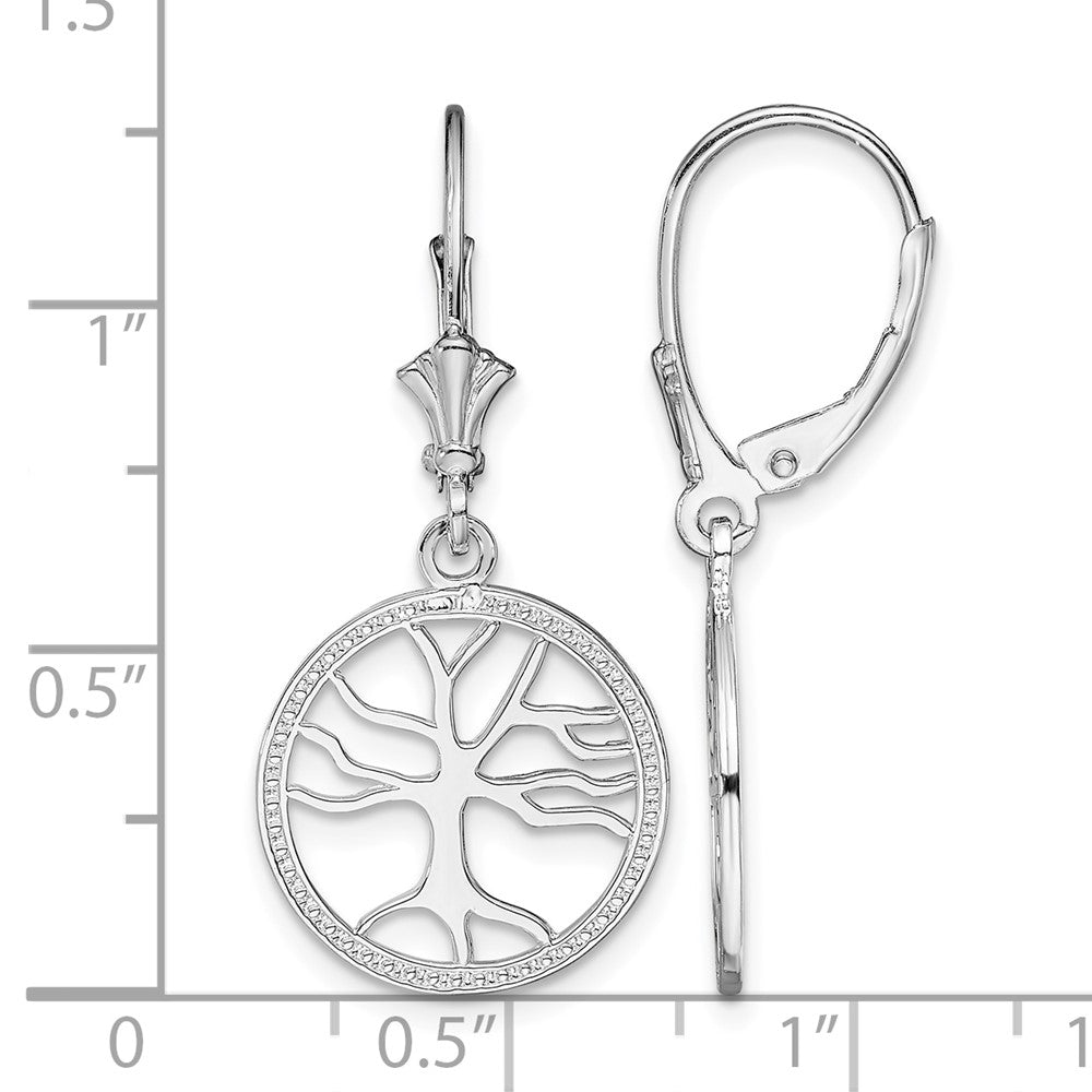 Sterling Silver Polished Tree of Life in Circle Leverback Earrings