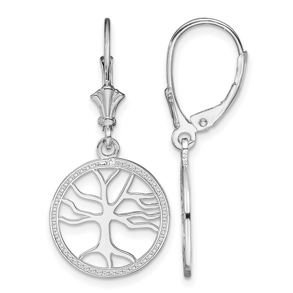 Sterling Silver Polished Tree of Life in Circle Leverback Earrings