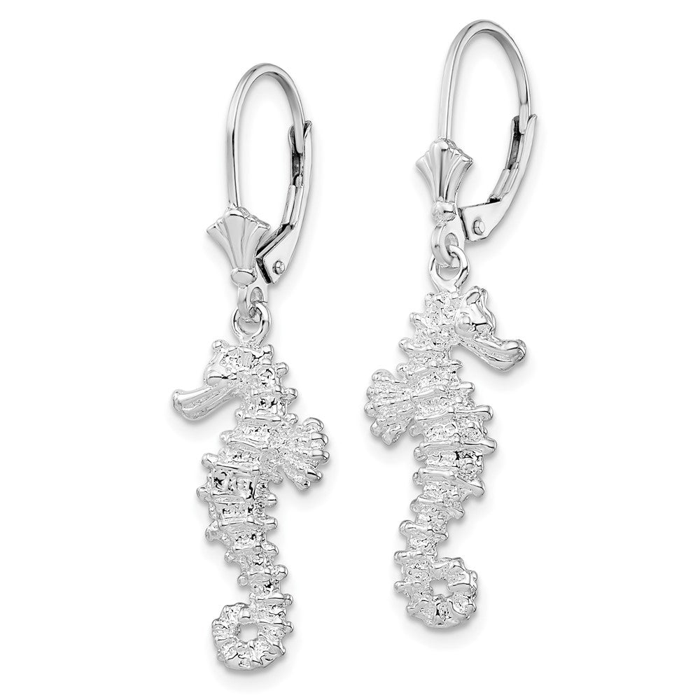 Sterling Silver Rhodium-plated Polished 3D Seahorse Leverback Earrings