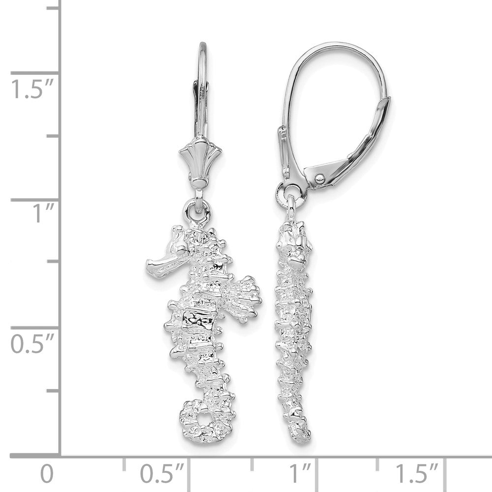 Sterling Silver Rhodium-plated Polished 3D Seahorse Leverback Earrings