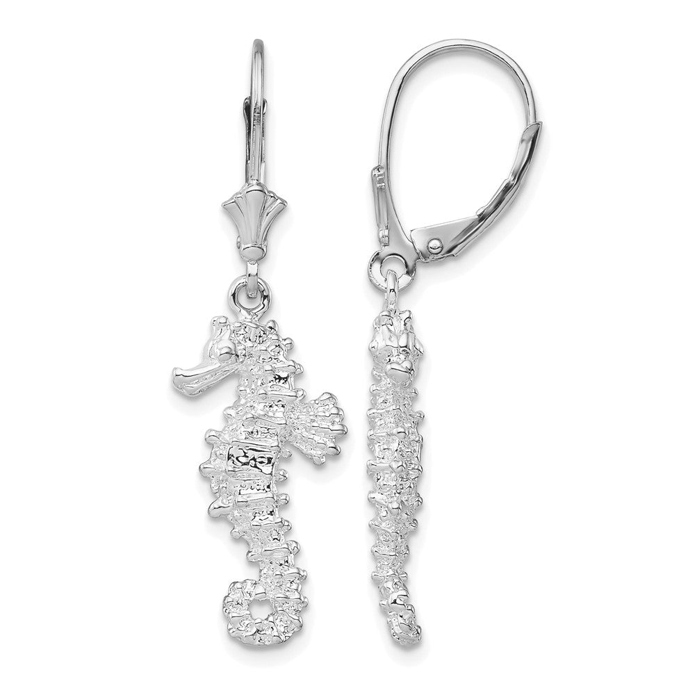 Sterling Silver Rhodium-plated Polished 3D Seahorse Leverback Earrings