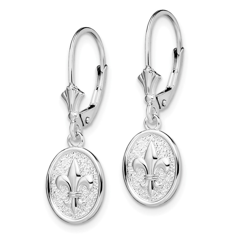 Sterling Silver RH-plated Textured Fleur de Lis Leverback Dangle Earrings