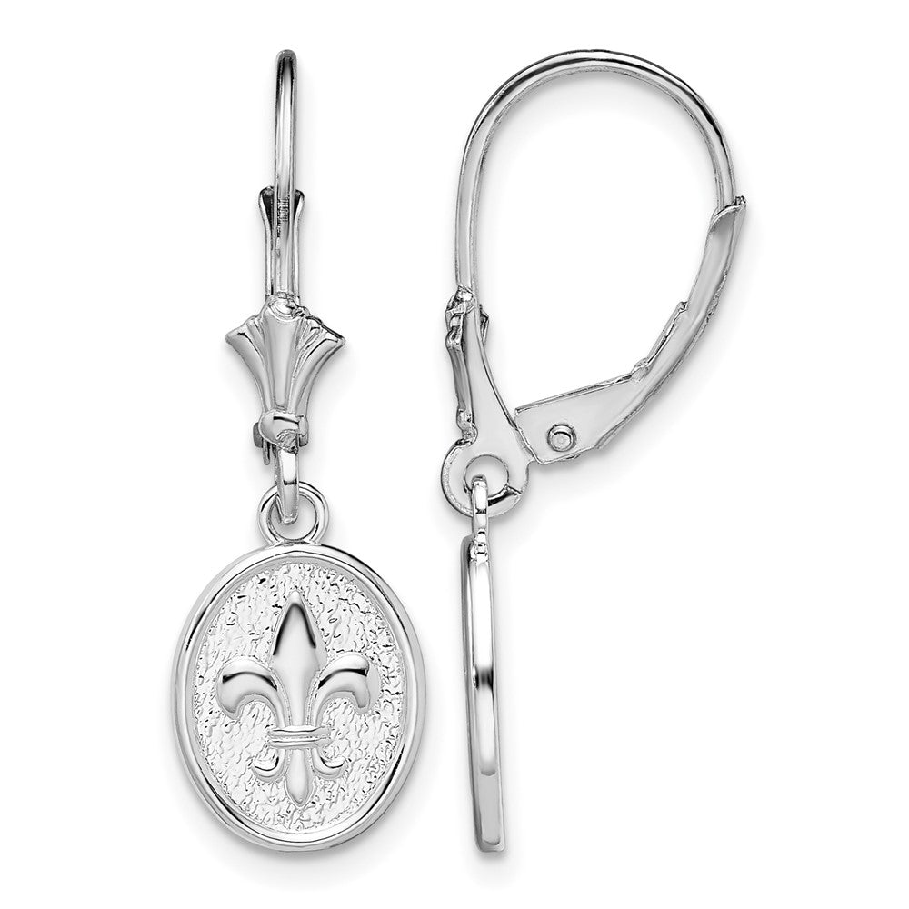Sterling Silver RH-plated Textured Fleur de Lis Leverback Dangle Earrings