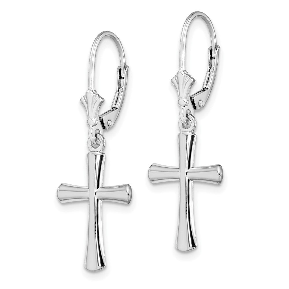 Sterling Silver Rhod-plated Polished Beveled Latin Cross Leverback Earrings