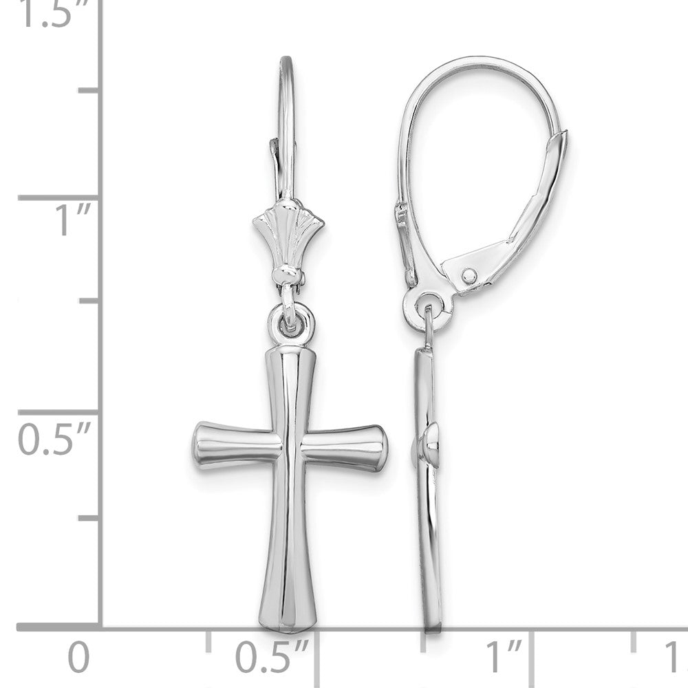 Sterling Silver Rhod-plated Polished Beveled Latin Cross Leverback Earrings