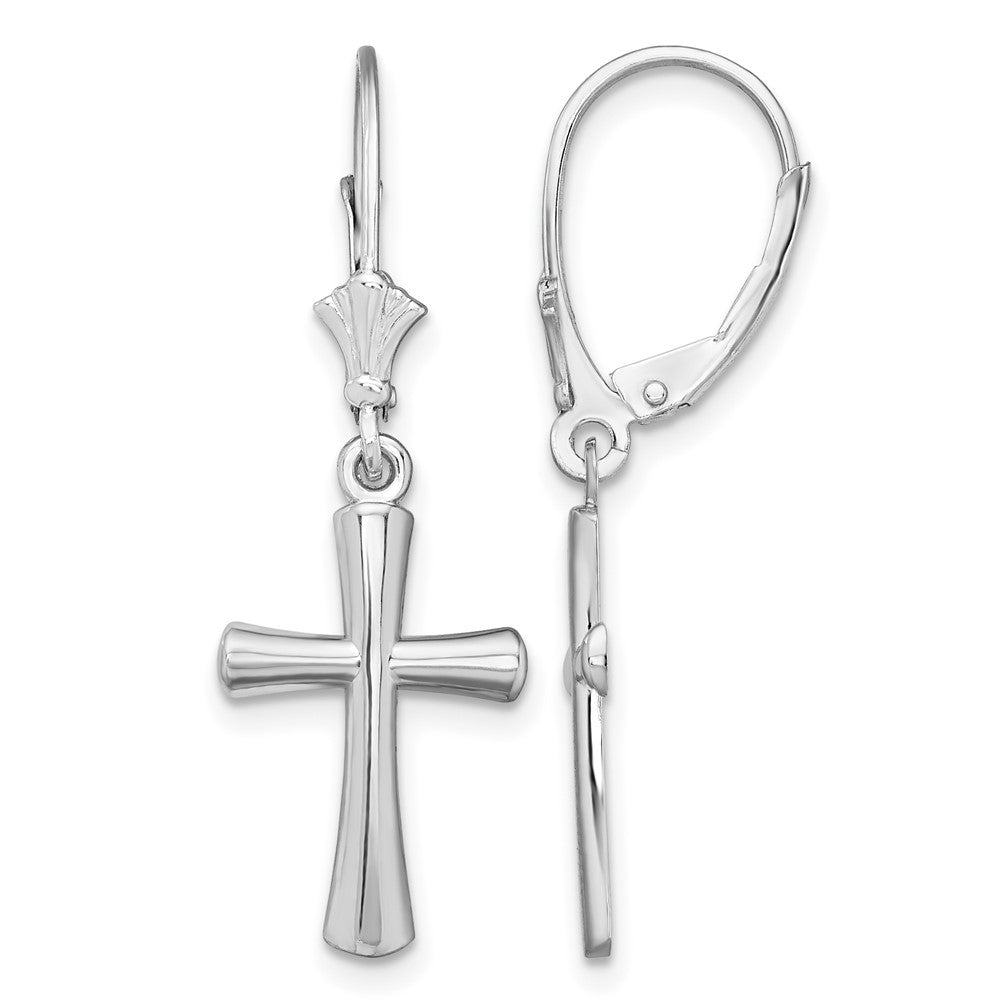 Sterling Silver Rhod-plated Polished Beveled Latin Cross Leverback Earrings