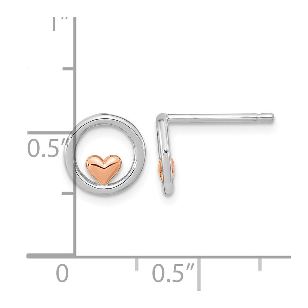 Sterling Silver RH-plated & Rose Gold-plated Circle w/Heart Post Earrings