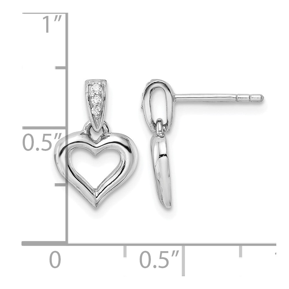 Sterling Silver RH Polished CZ Heart Post Dangle Earrings