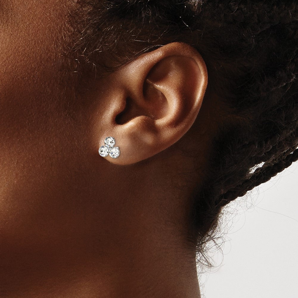 Sterling Silver RH-plated Crystal 3-stone Post Earrings