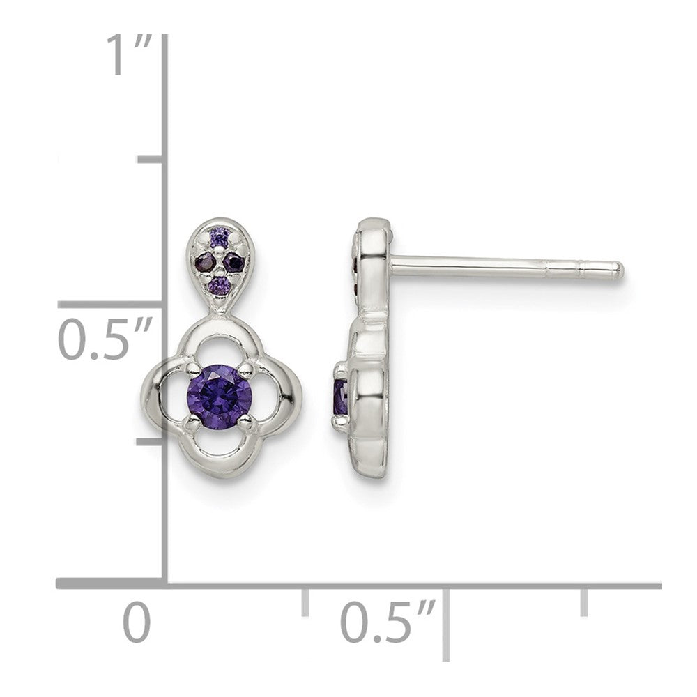 Sterling Silver Polished Purple CZ Flower Post Dangle Earrings