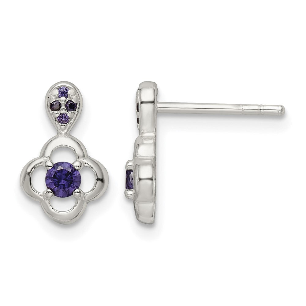 Sterling Silver Polished Purple CZ Flower Post Dangle Earrings