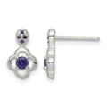 Sterling Silver Polished Purple CZ Flower Post Dangle Earrings