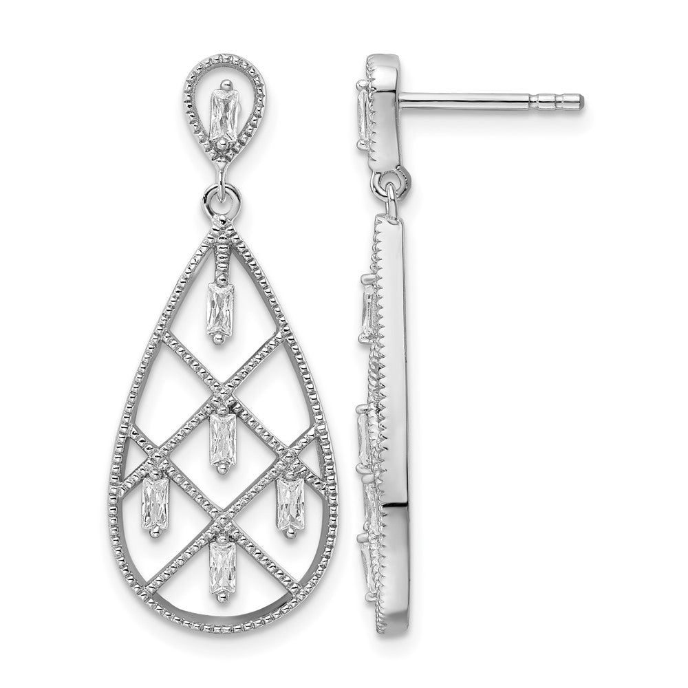 Sterling Silver Rhodium-plated Baguette CZ Teardrop Post Earrings
