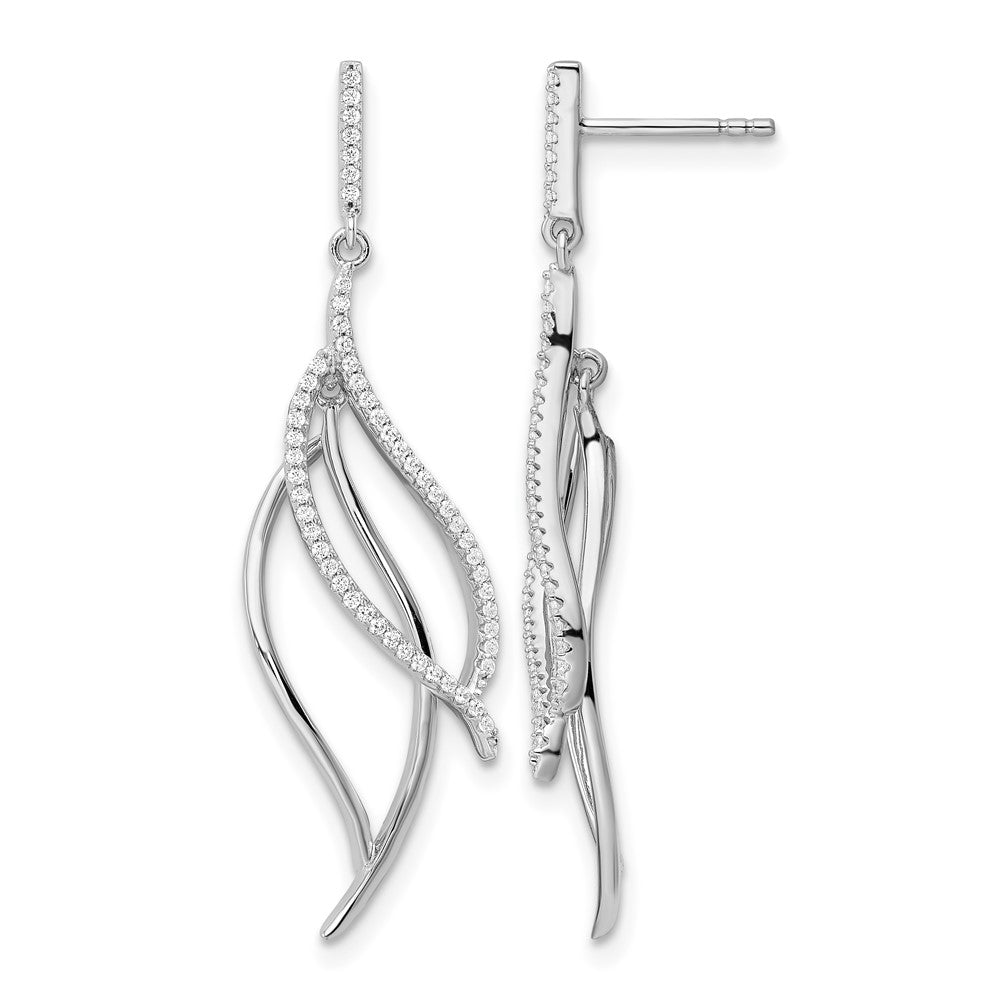 Sterling Silver Rhodium-plated CZ Dangle Leaf Earrings