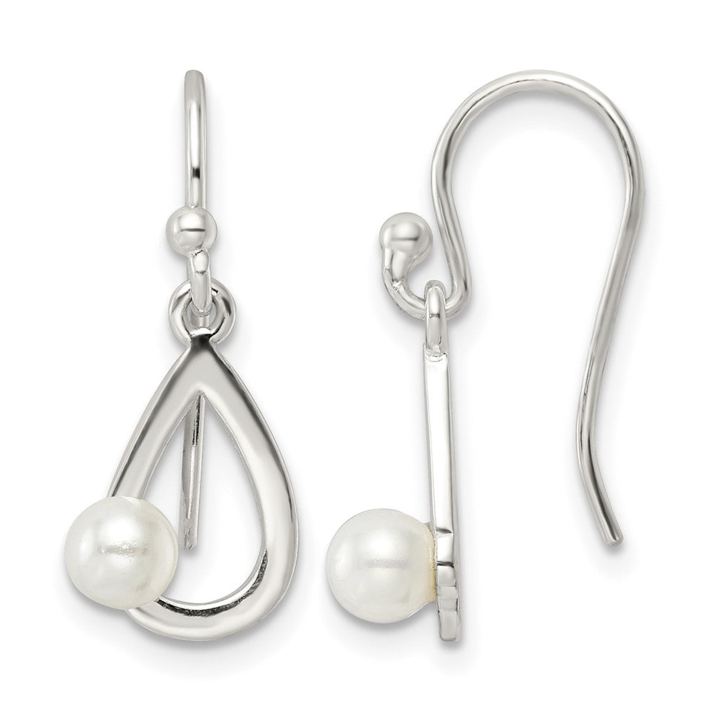Sterling Silver Polished Teardrop w/ Imitation Pearl Shepherd Hook Earrings