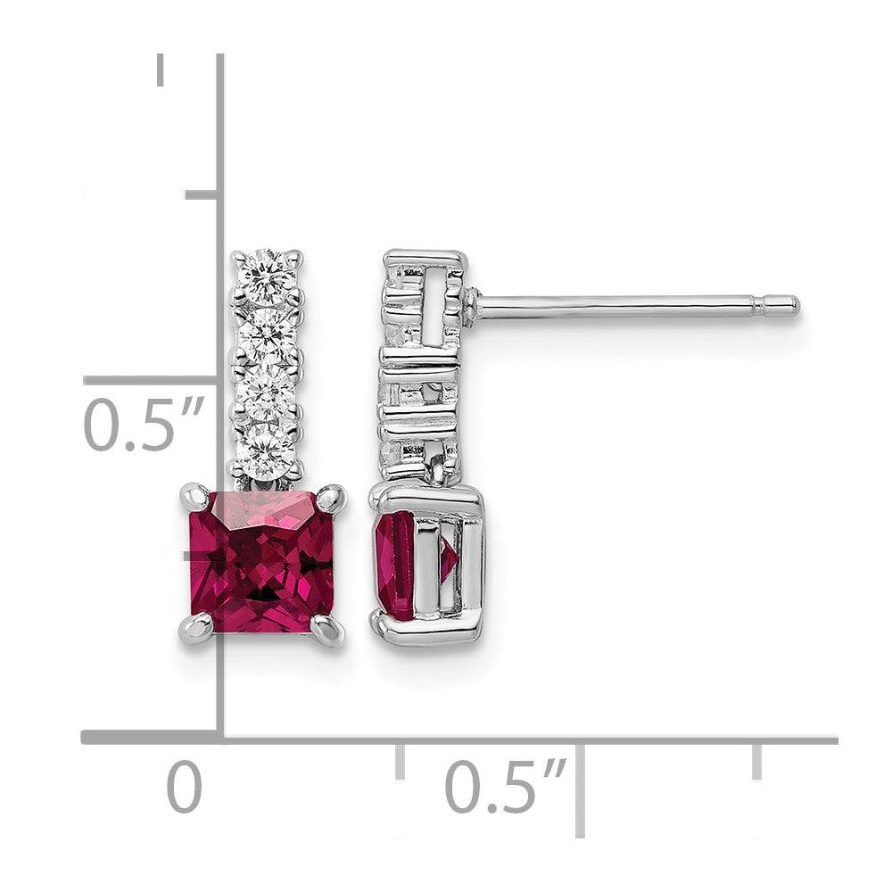 Sterling Silver Rhodium-plated Created Ruby and CZ Post Dangle Earrings