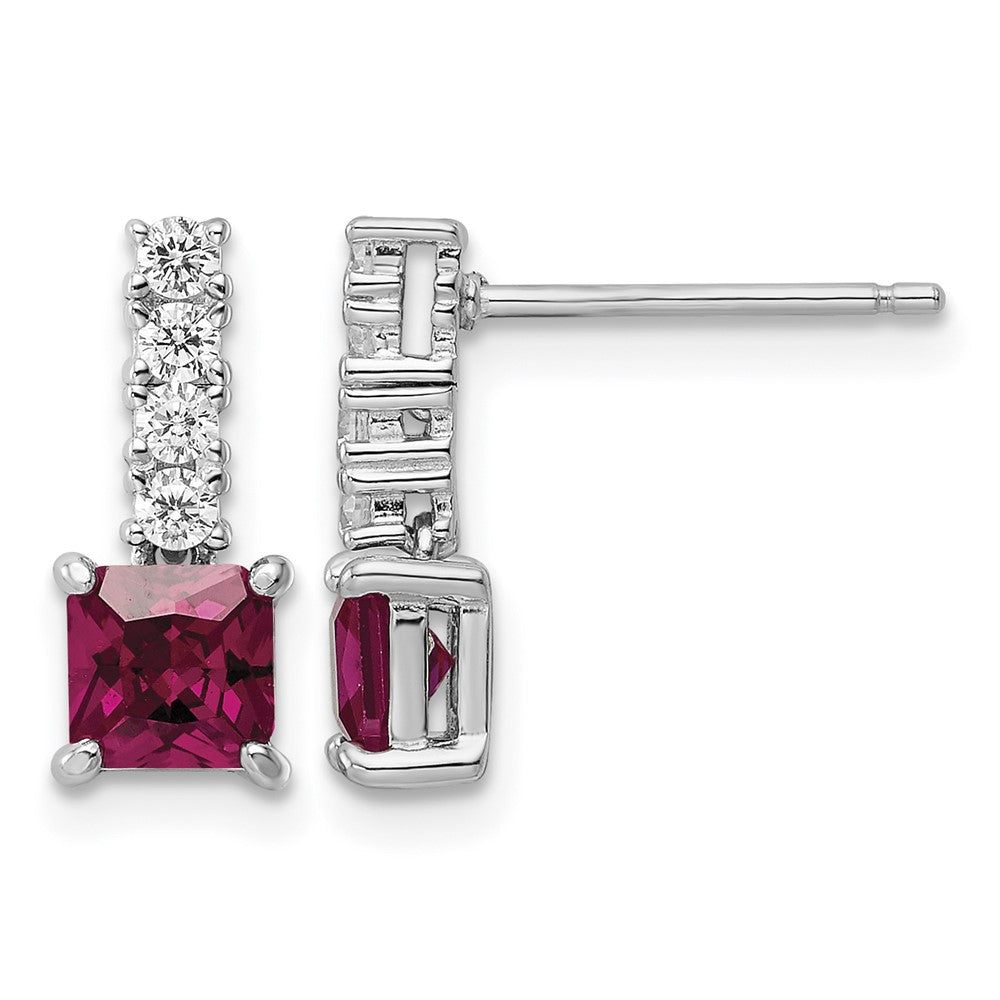 Sterling Silver Rhodium-plated Created Ruby and CZ Post Dangle Earrings