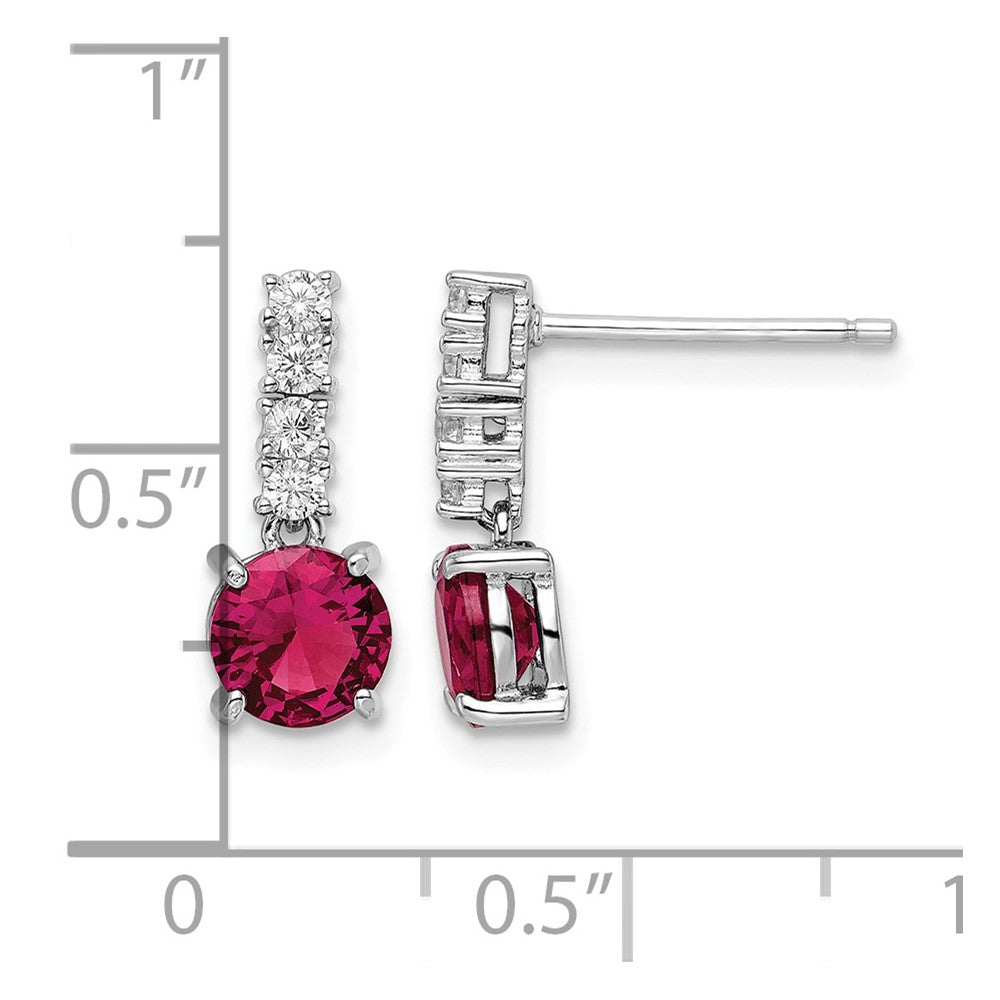 Sterling Silver Rhodium-plated Created Ruby and CZ Post Dangle Earrings